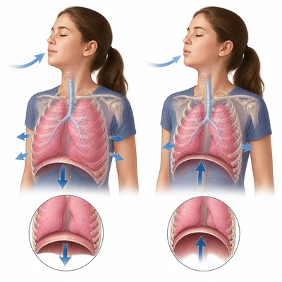 Comparison of inhaling with expanded lungs and exhaling with smaller lungs.