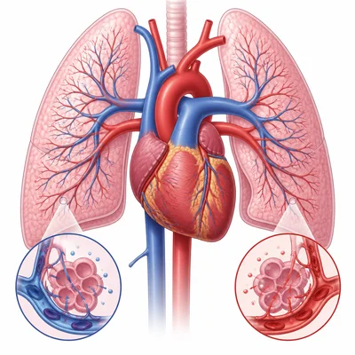 Lungs and heart connected by blood vessels showing gas exchange.