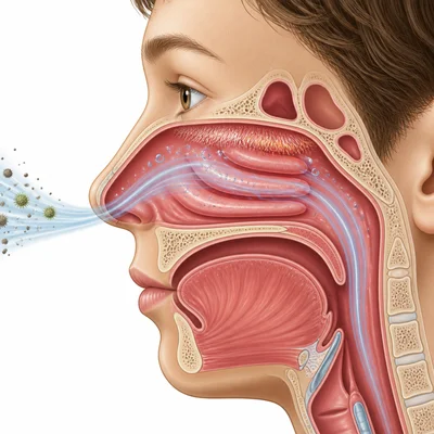 Nasal cavity filtering, warming, and moistening incoming air.