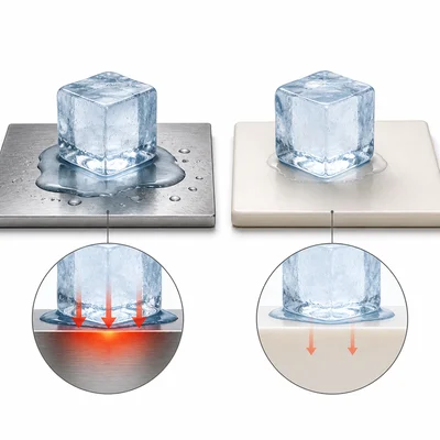 Ice melting faster on metal than on plastic.