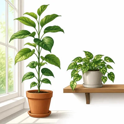 Two potted plants, one tall near a sunny window and one shorter on a shaded shelf.