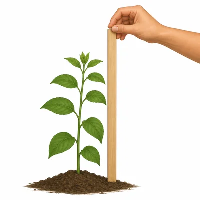 A plant being measured for height with a plain measuring stick.