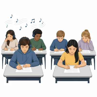 Two student groups taking quizzes, one with music and one without.