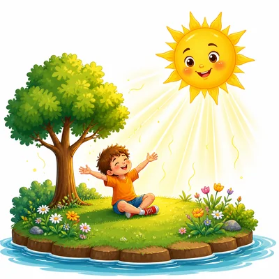 The Sun shines light and warmth onto Earth with plants and a child below.