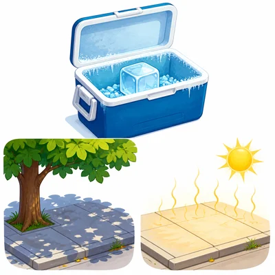 An ice cube in a cooler, a shaded sidewalk, and a sunny sidewalk.
