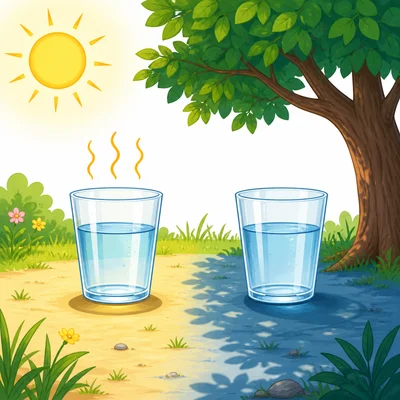 Two cups of water sit outside, one in sunlight and one in shade.