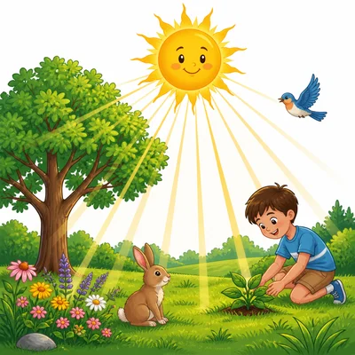 The Sun shines on plants, animals, and people on Earth.