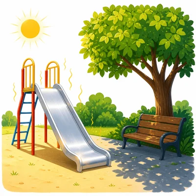 A sunny slide and a shaded bench at a playground.