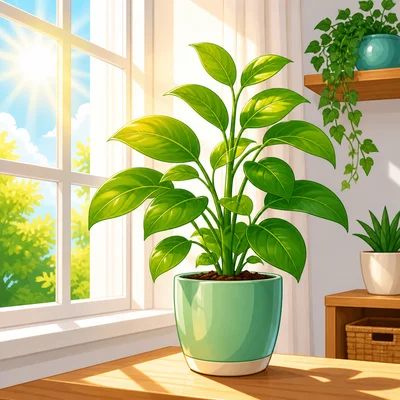 Sunlight shines through a window onto a growing potted plant.
