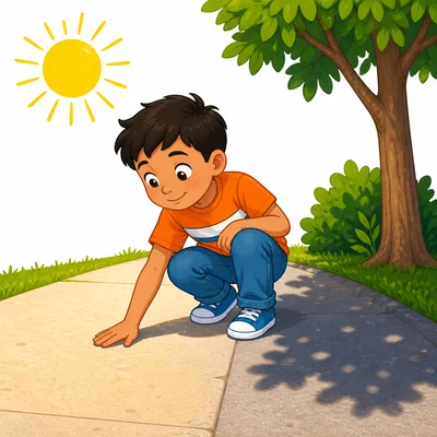A child safely feels a warm sidewalk on a sunny day.
