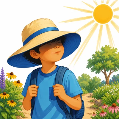 A brimmed hat shades a child’s face from the Sun.