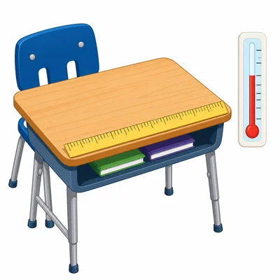 A desk with a ruler along its edge and a thermometer nearby.