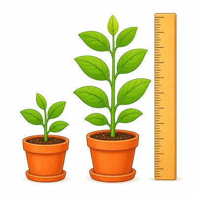 A shorter plant and a taller plant next to a ruler.