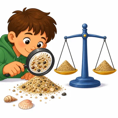 A hand lens observing sand and a balance comparing sand piles.