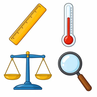 Four science tools: ruler, thermometer, balance scale, and hand lens.