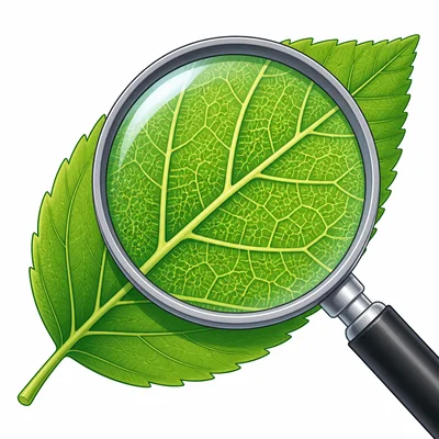 A hand lens magnifying the lines on a leaf.