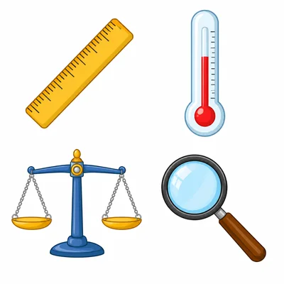 A ruler, thermometer, balance scale, and hand lens.