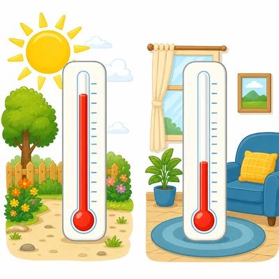 Two thermometers showing outside warmer than inside.