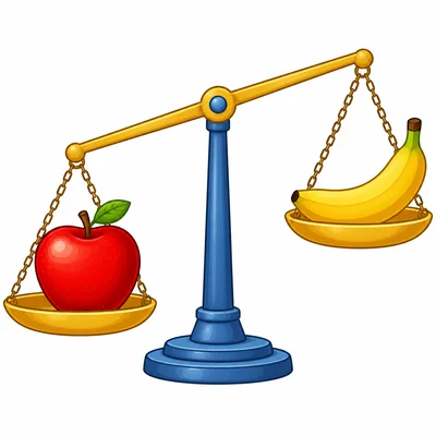 A balance scale with the apple side lower than the banana side.
