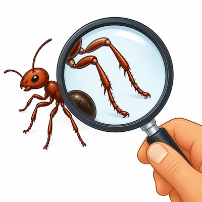 A hand lens magnifying an ant’s legs.