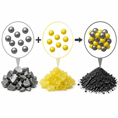 Iron and sulfur combining into one dark product with a particle model of joined spheres.