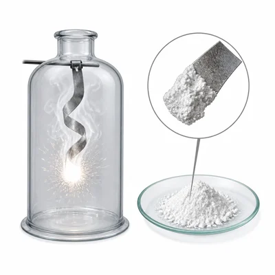 A magnesium ribbon burns in oxygen and forms white powder.
