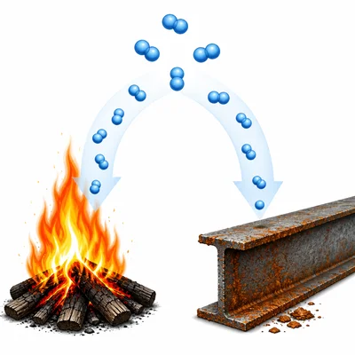 Oxygen involved in a flame on one side and rusting metal without flame on the other.