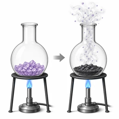 Heated crystals break down into a solid residue and escaping gas.