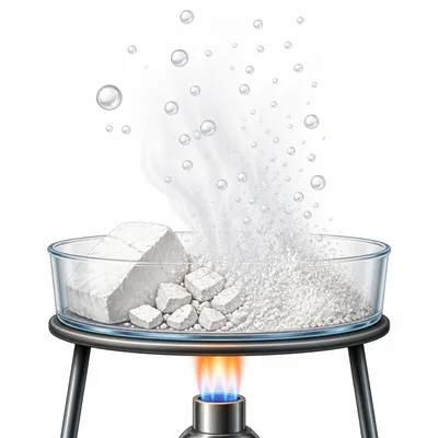 A heated white solid breaking into powder and gas bubbles.