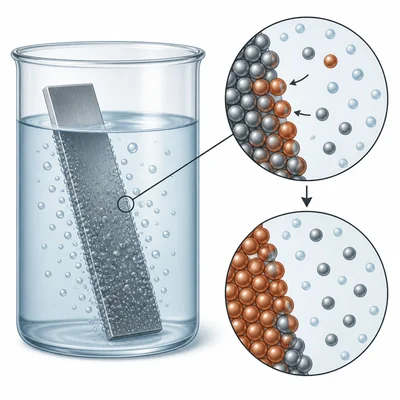 A zinc strip in liquid producing bubbles, with particles showing one substance replacing another.