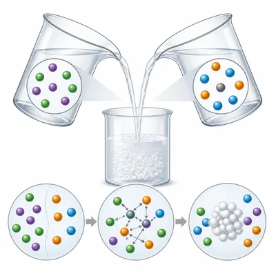 Two clear liquids mix and form a cloudy white precipitate as particles swap partners.