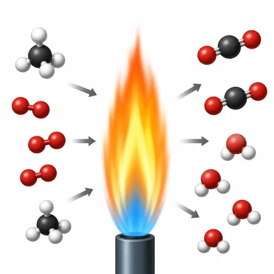 Methane and oxygen enter a flame and form carbon dioxide and water molecules.