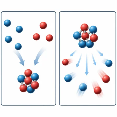 Particles combining in one panel and a particle cluster breaking apart in another panel.