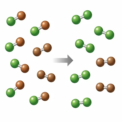 Green particles replace brown particles in paired molecules, leaving brown pairs separate.