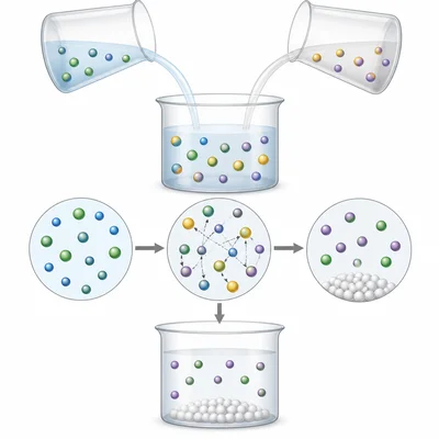 Two solutions combine, particles exchange partners, and a white solid settles out.