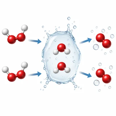 Hydrogen peroxide breaking down into liquid water and oxygen bubbles.