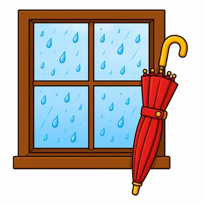 An umbrella by a rainy window.