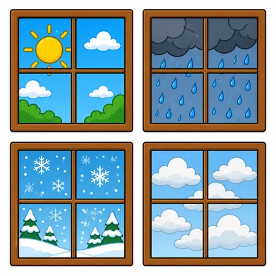 Four windows showing sun, rain, snow, and clouds.