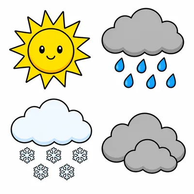 Four weather symbols: sun, rain, snow, and clouds.