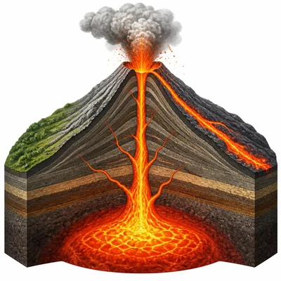 Cutaway view of a volcano with magma below and lava flowing from the top.