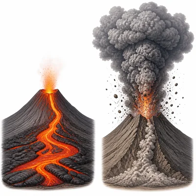 Side-by-side quiet lava flow eruption and explosive ash eruption.