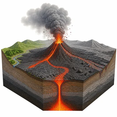 A volcanic eruption changes the land with new rock, ash, and a small cone.