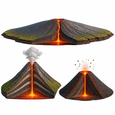Three different volcano shapes: shield, composite, and cinder cone.
