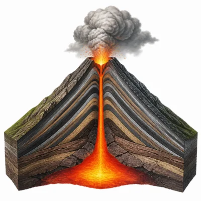 A steep composite volcano showing layered rock and ash.
