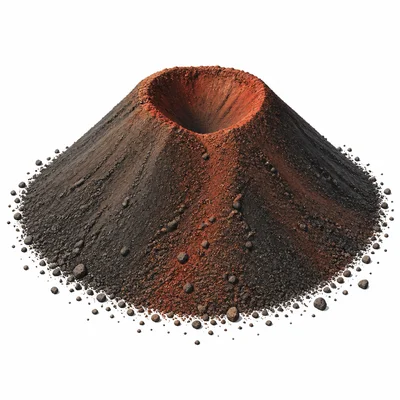 A small steep cinder cone volcano with a crater and scattered cinders.