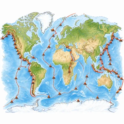 World map showing many volcanoes along plate boundaries, especially around the Pacific.