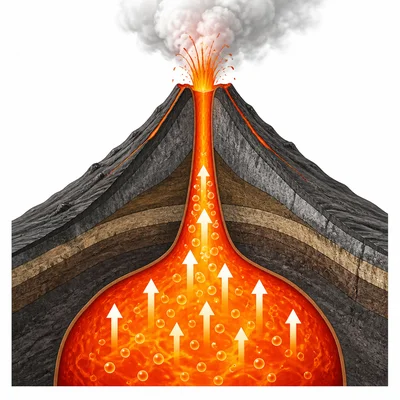 Pressure from gas in magma pushes upward inside a volcano.