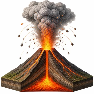 A volcano erupting lava, ash, gas, and rock fragments.