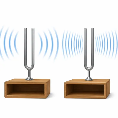 Two tuning forks producing sound waves with different spacing.