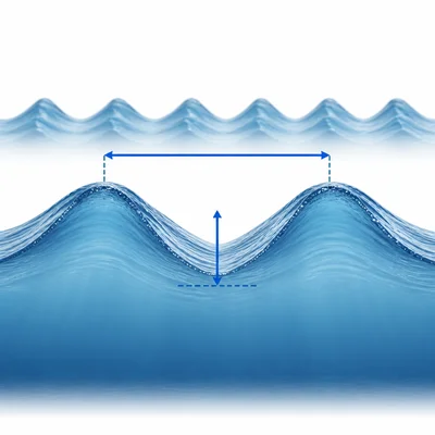 A wave diagram showing height from center to crest and distance between crests, with another closer-spaced wave behind it.